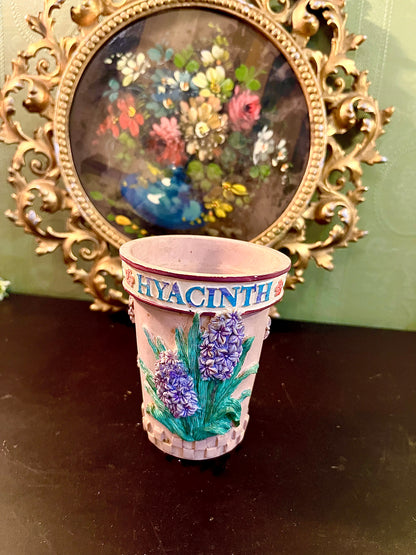 Vintage Embossed Hyacinth Ceramic Vase Planter Cache Pot 4 Inch Floral Relief