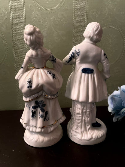 Vintage Porcelain Couple Figurines Blue Floral 6 Inch