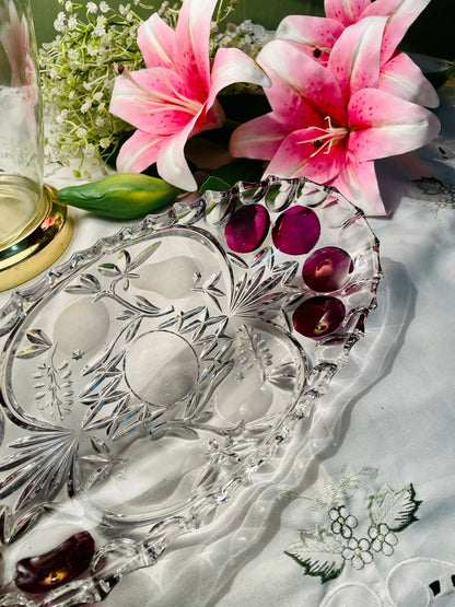 Clear Crystal Oval Serving Dish with Ruby Accents 12 in