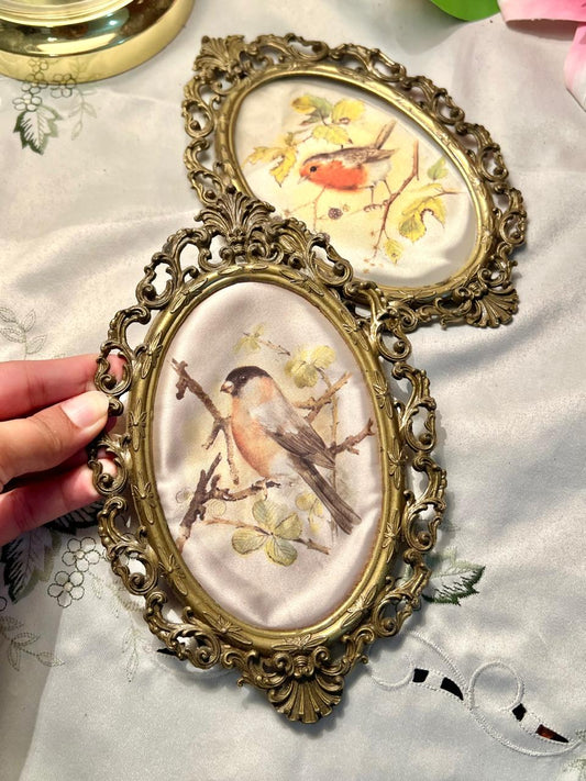 ANTIQUE Ornate Gold Bird Framed Silk painting – 2 Pcs, 8 Inches