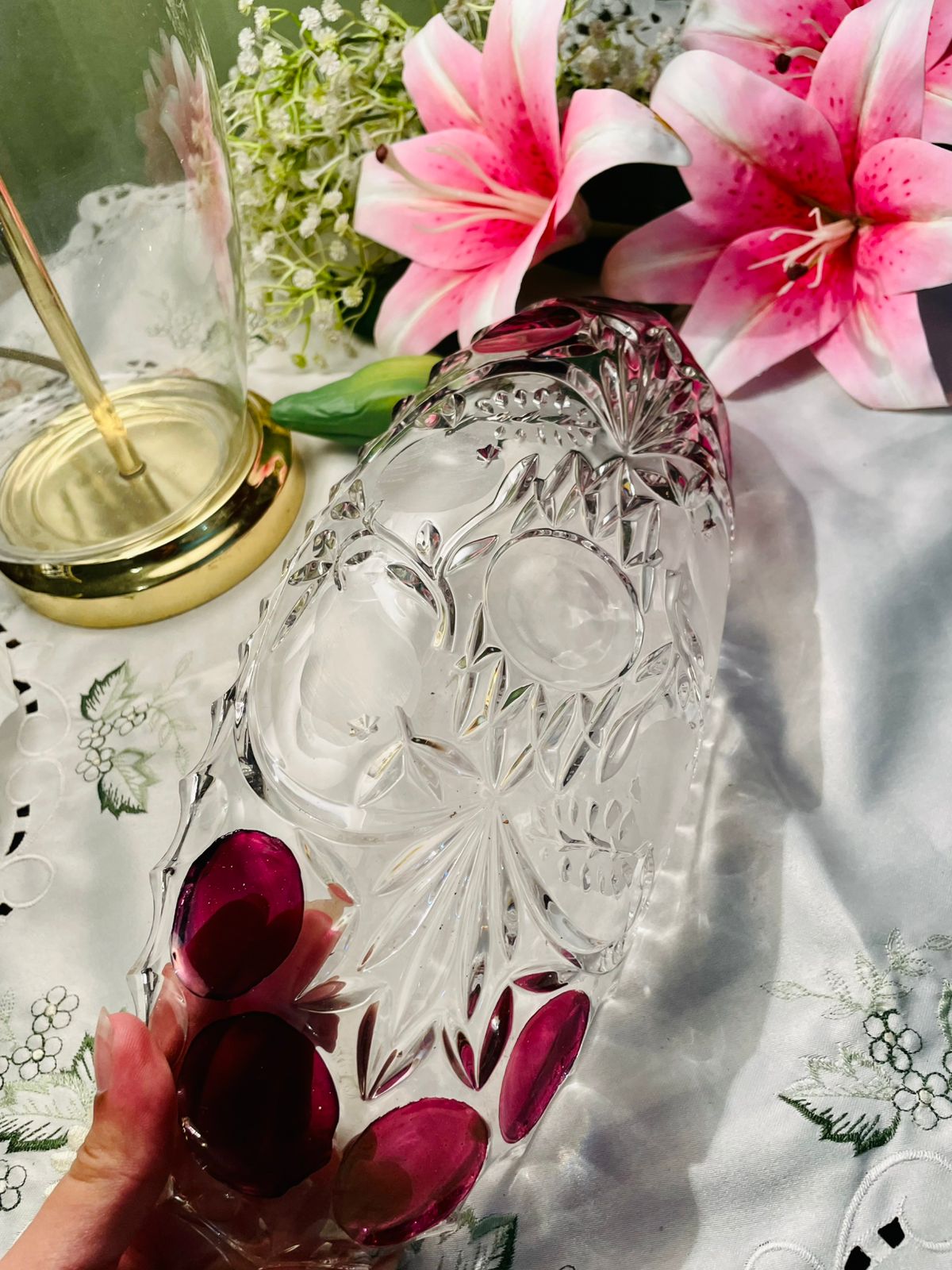Clear Crystal Oval Serving Dish with Ruby Accents 12 in