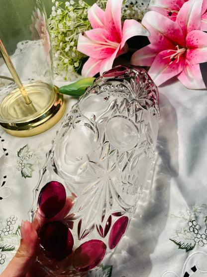 Clear Crystal Oval Serving Dish with Ruby Accents 12 in