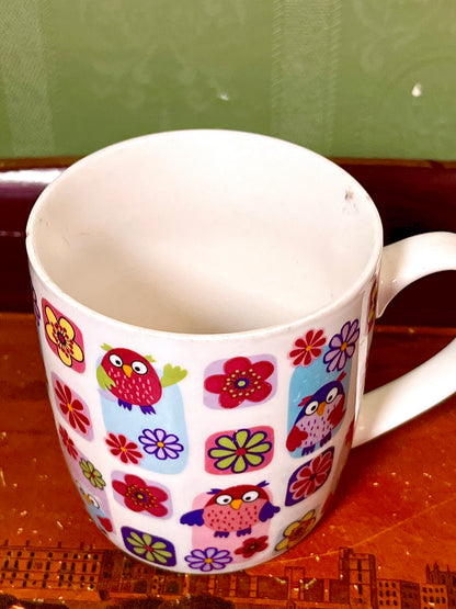 Tesco Fine China Owl & Floral Mug – Colourful Retro Bird Design 10cm