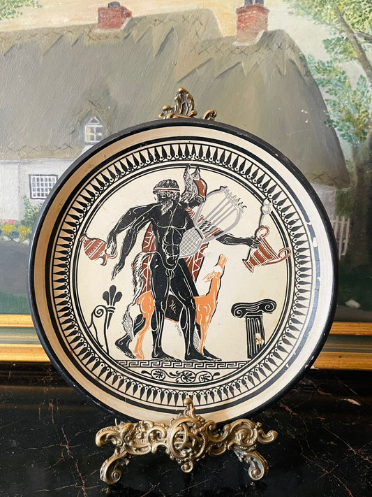 vintage terracotta plate, hand painted warrior scene, pottery wall decor, rustic home decor, earthenware plate, english handmade pottery, folk art ceramic, vintage collectible plate, warrior artwork, boho wall hanging