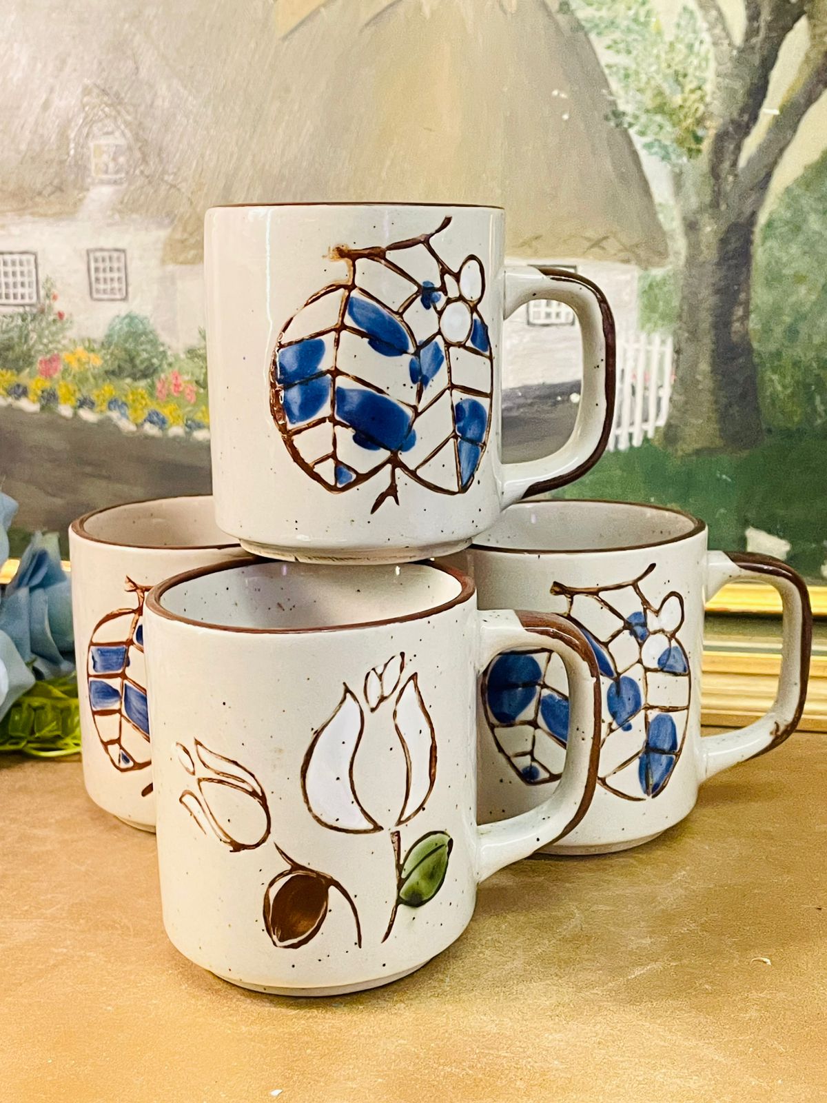 Vintage Korean Botanical Stoneware Mug Set of 4