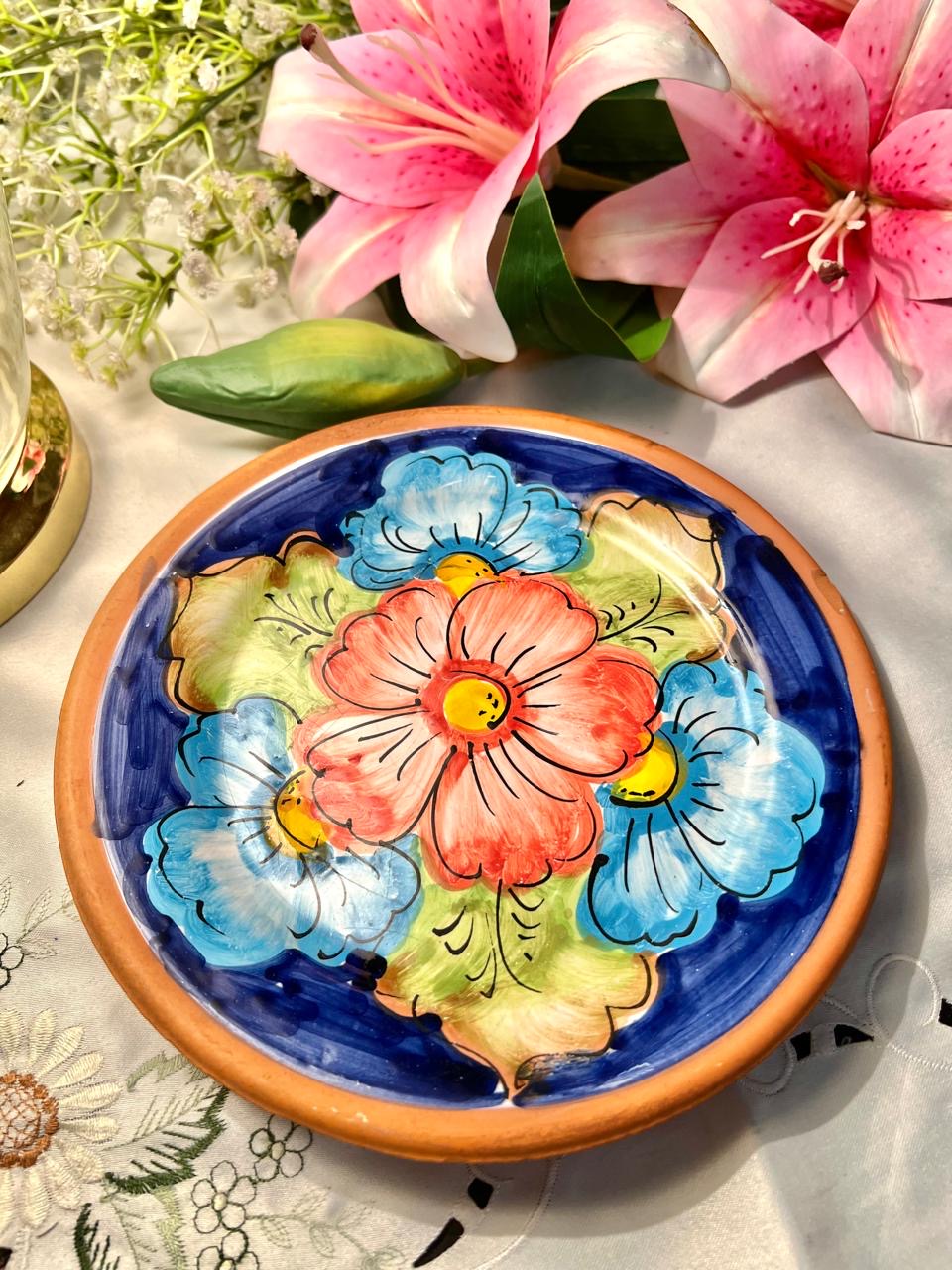 Hand Painted De Cordoba Blue & Pink Floral Terracotta Wall Plate – 8 Inch