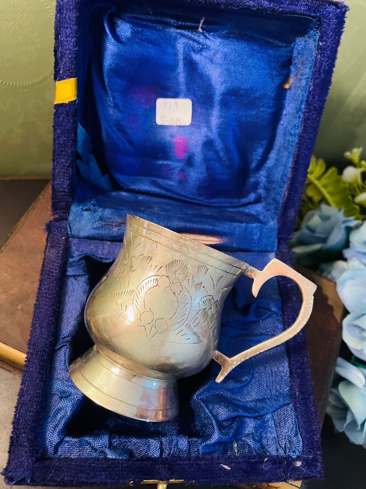Vintage Silver Plated Mug in Blue Gift Box 4 Inch