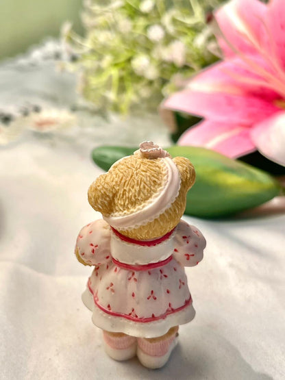 Vintage Teddy Bear Figurine Pink Dress & Book 7 cm