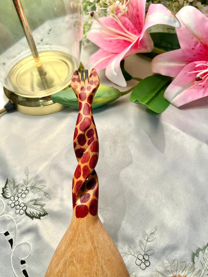 Vintage Wooden Giraffe Motif Serving Fork 11 in