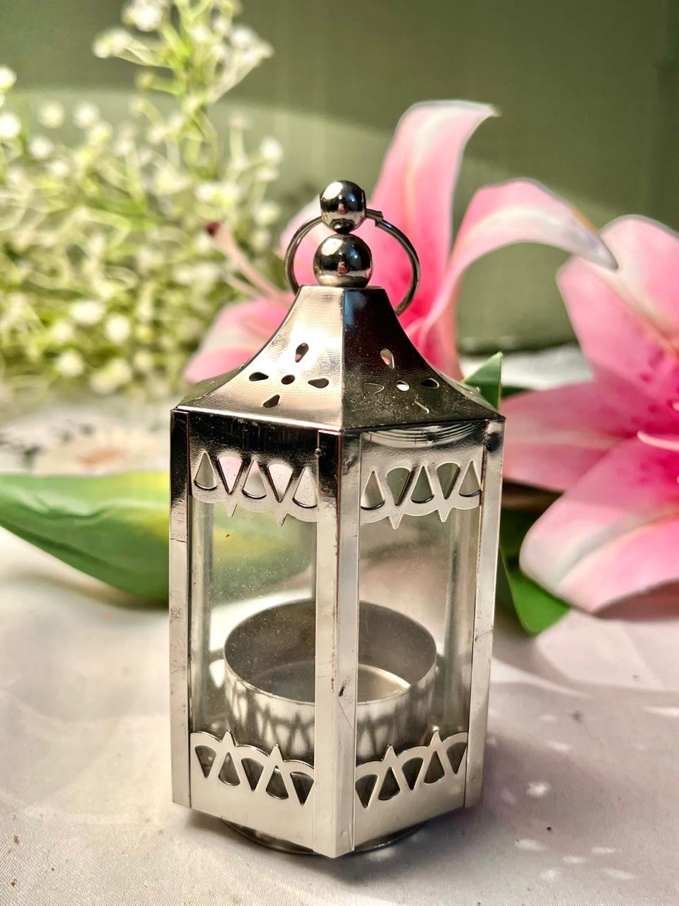 Silver-Tone Lantern Candle Holder with Clear Crystal Panels 12 cm