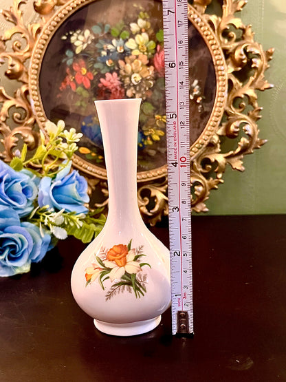 Vintage White Ceramic Bud Vase Floral Design 6 Inch