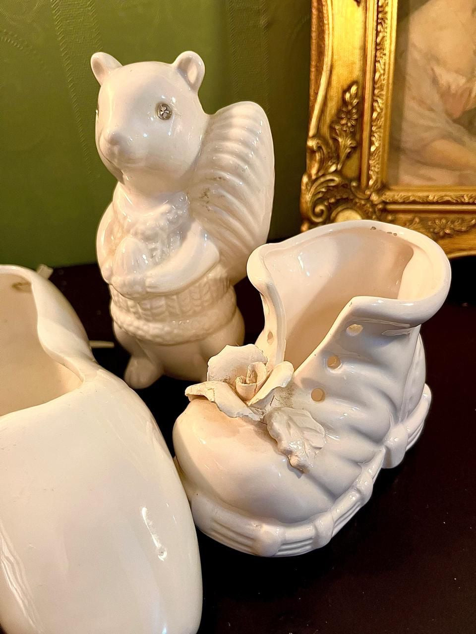 Vintage White Ceramic Figurine Vase Set 7 Inch