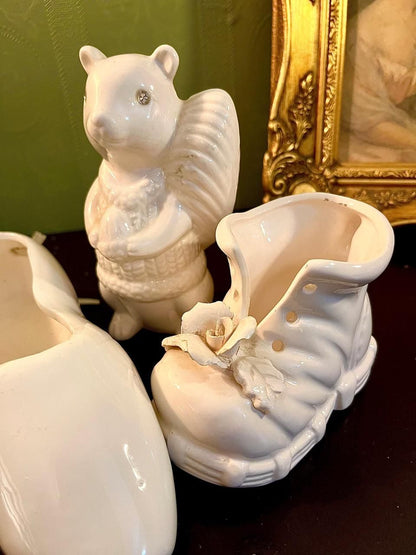 Vintage White Ceramic Figurine Vase Set 7 Inch