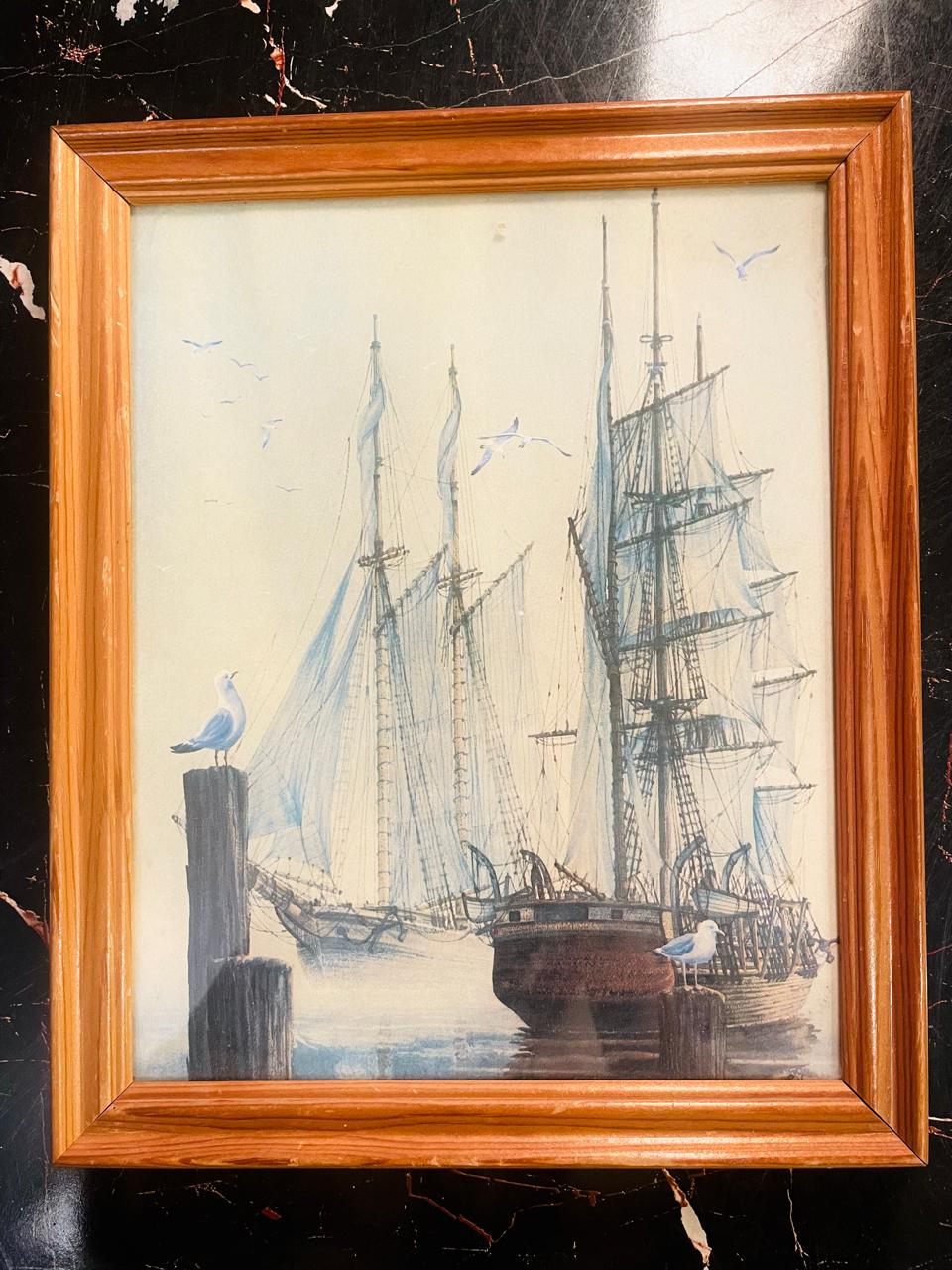 Vintage Sailing Ship Painting Framed Nautical Wall Art