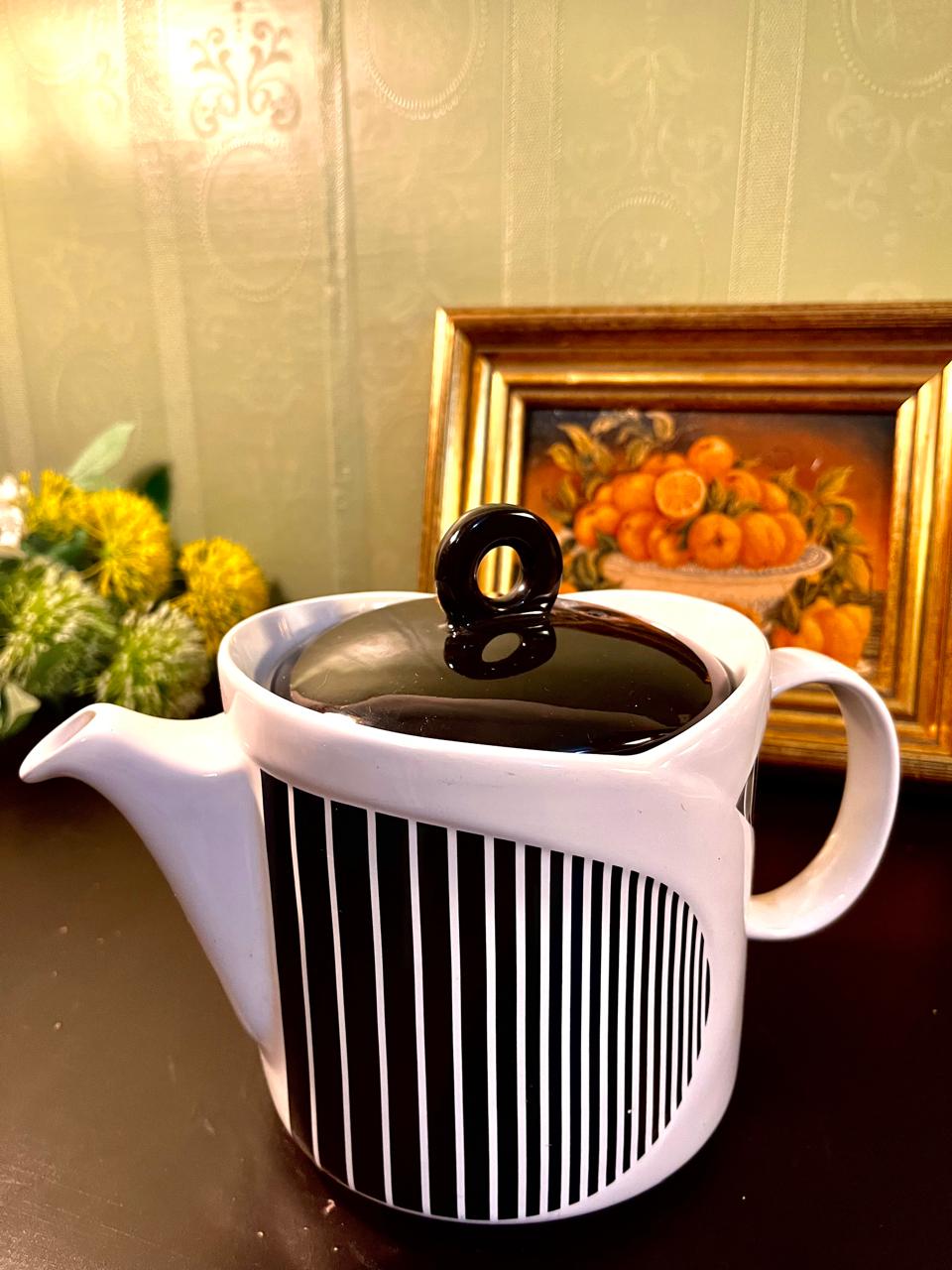 Black & White Striped Ceramic Teapot – 6 Inch
