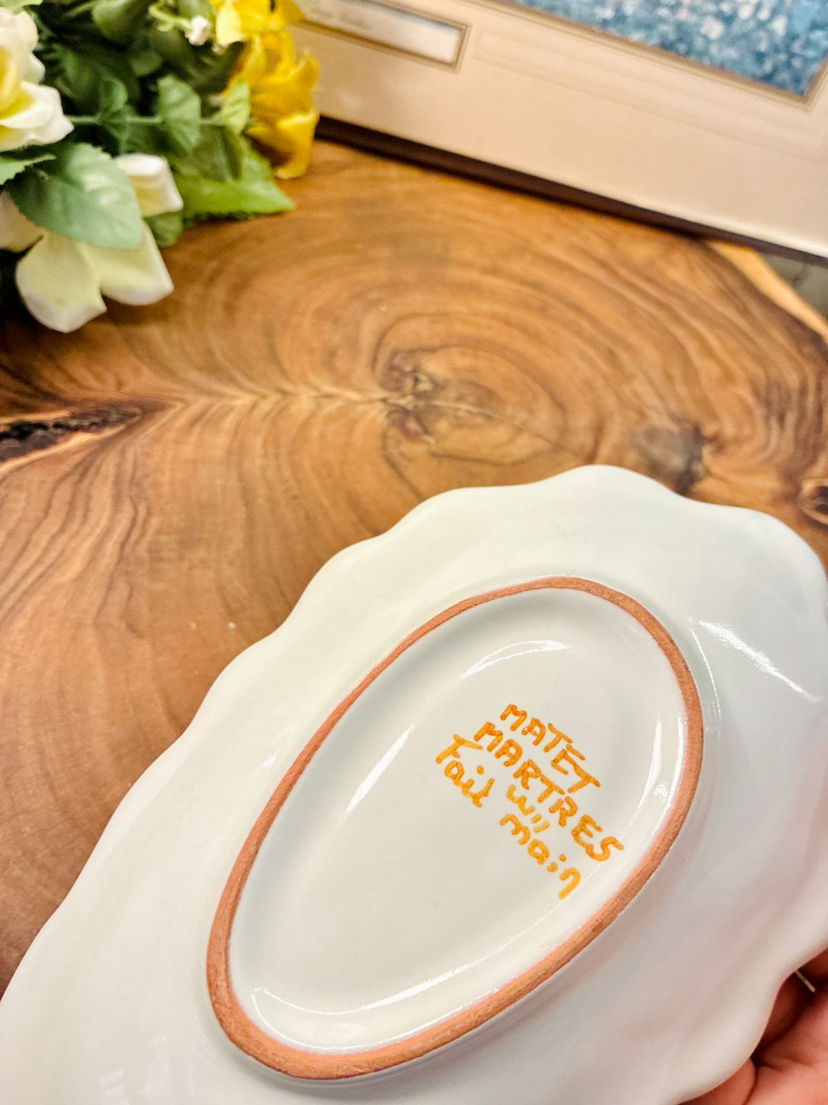 Vintage French Hand-Painted Oval Faience Trinket Dish