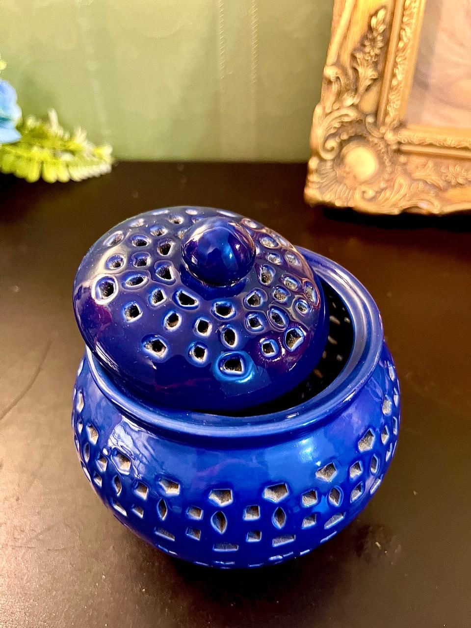 Vintage Blue Ceramic Lidded Lantern Jar 5 Inch