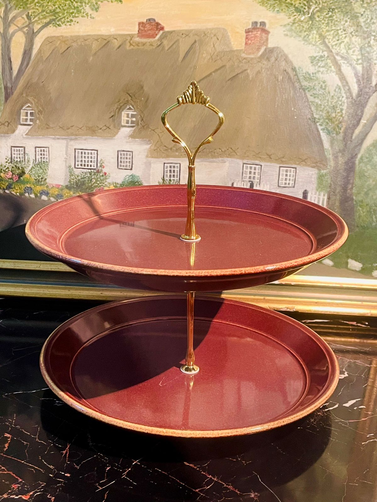 kilncraftengland, marooncakestand, twotierironstone, englishpottery, vintagetableware, sunsetkitchen, dessertstandpakistan, teatimecollection, vintagehomepakistan, rusticdecor, englishdining, cottagecoredecor, sunsetshop