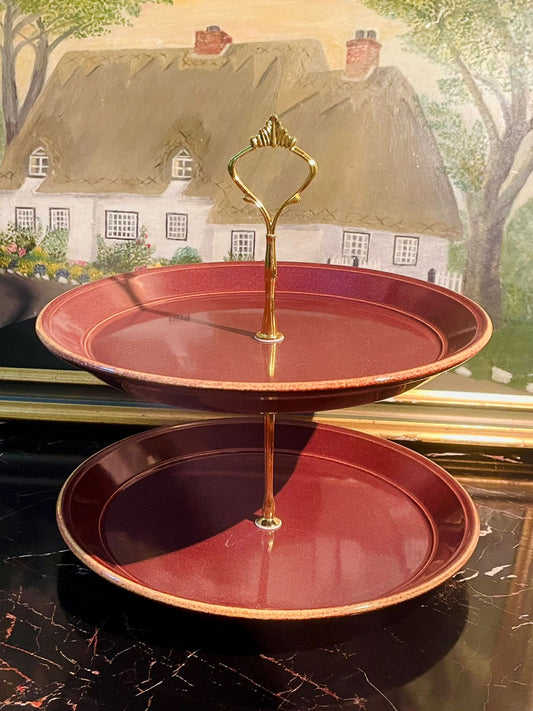 kilncraftengland, marooncakestand, twotierironstone, englishpottery, vintagetableware, sunsetkitchen, dessertstandpakistan, teatimecollection, vintagehomepakistan, rusticdecor, englishdining, cottagecoredecor, sunsetshop