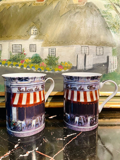 Set of 2 Vintage Bone China Mugs – French “Salon de Thé” Café Design