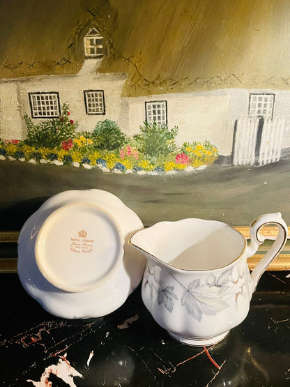Royal Albert Vintage Fine Bone China Milk Jug & Sugar Bowl Set – Elegant Grey Leaf Floral Design with Gold Rim