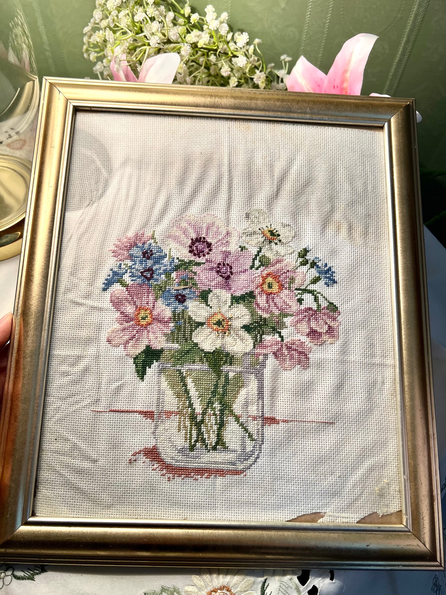 Vintage Framed Floral Cross-Stitch Bouquet Gold-Tone Frame 33cm