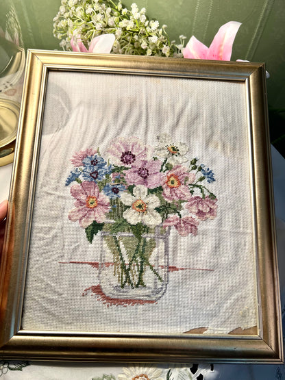 Vintage Framed Floral Cross-Stitch Bouquet Gold-Tone Frame 33cm