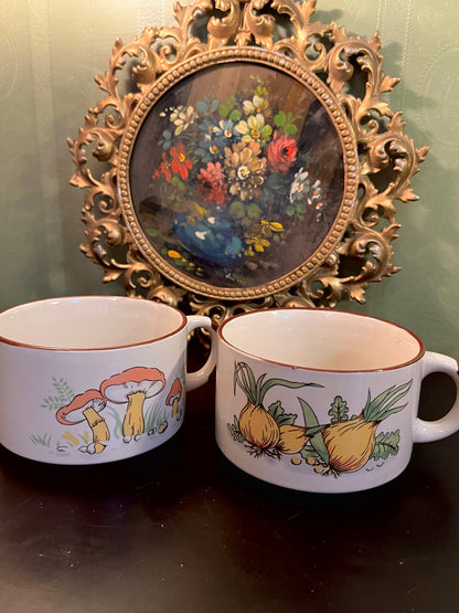 Vintage Ceramic Soup Mugs Set of 2 – Mushroom & Onion Botanical Design