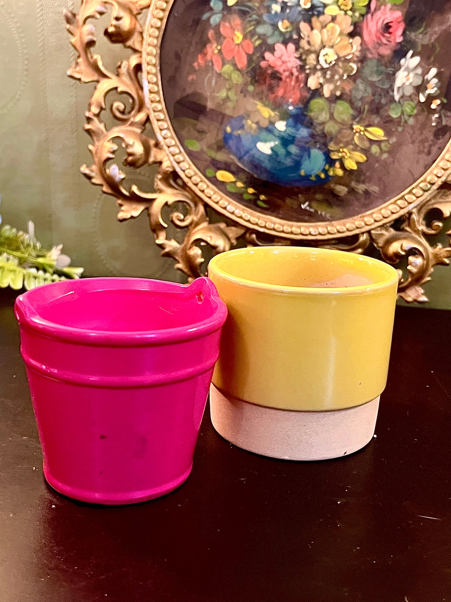 Set of 2 Mini Ceramic Plant Pots Pink Yellow Decorative Planters 3 Inch