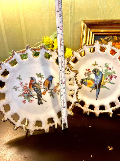 Set of 2 Cutwork Reticulated Bird Porcelain Cabinet Plates 16cm