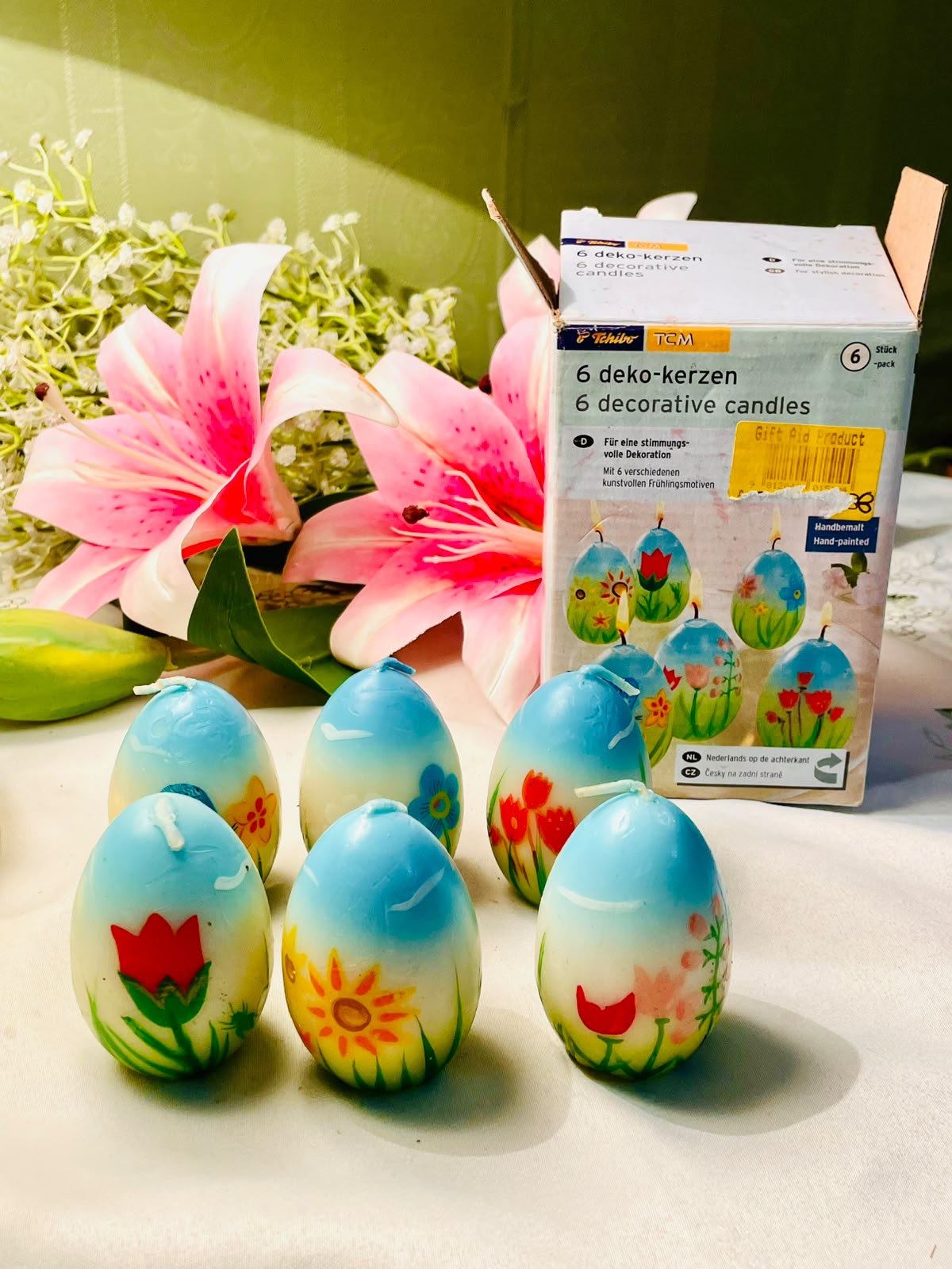 Set of 6 Floral Easter Egg Candles | Blue & Multicolour 2.5in