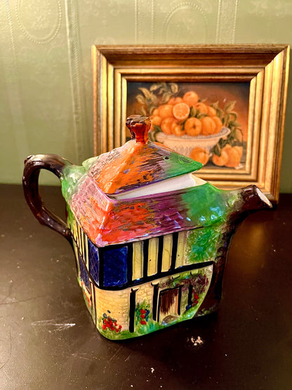 Vintage Cottage House Ceramic Teapot – Hand Painted Collectible Cottage Ware with Lid