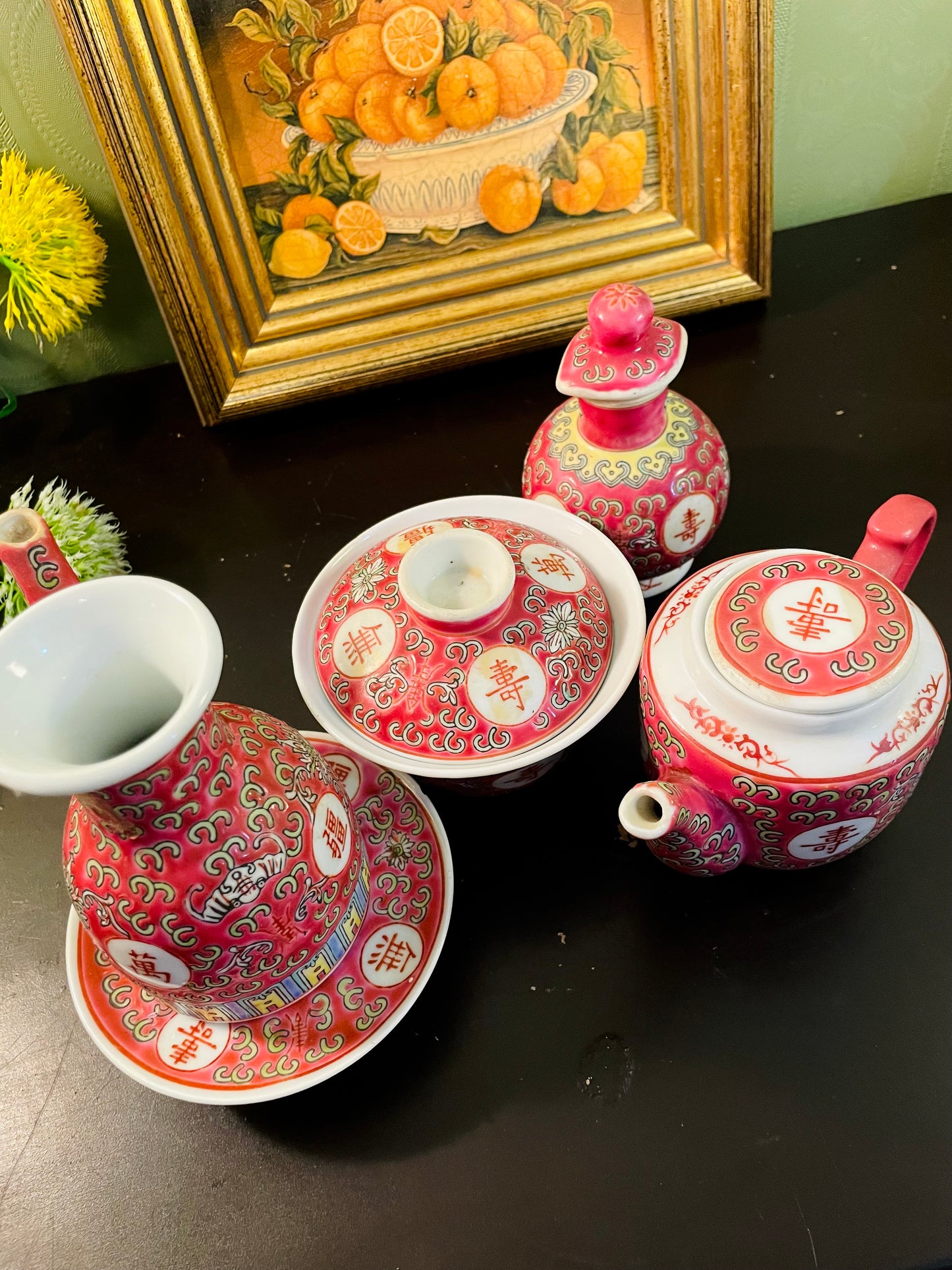 Vintage Chinese Pink Longevity Porcelain Tea Set – 5 Pieces