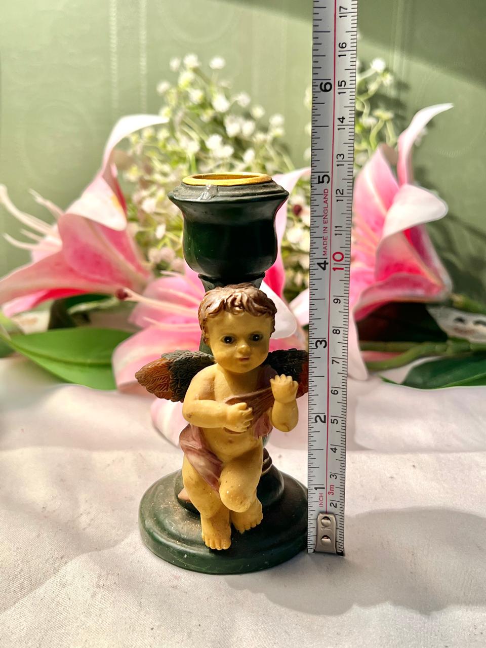 Vintage Cherub Candle Holder Green & Gold Approx. 12 cm