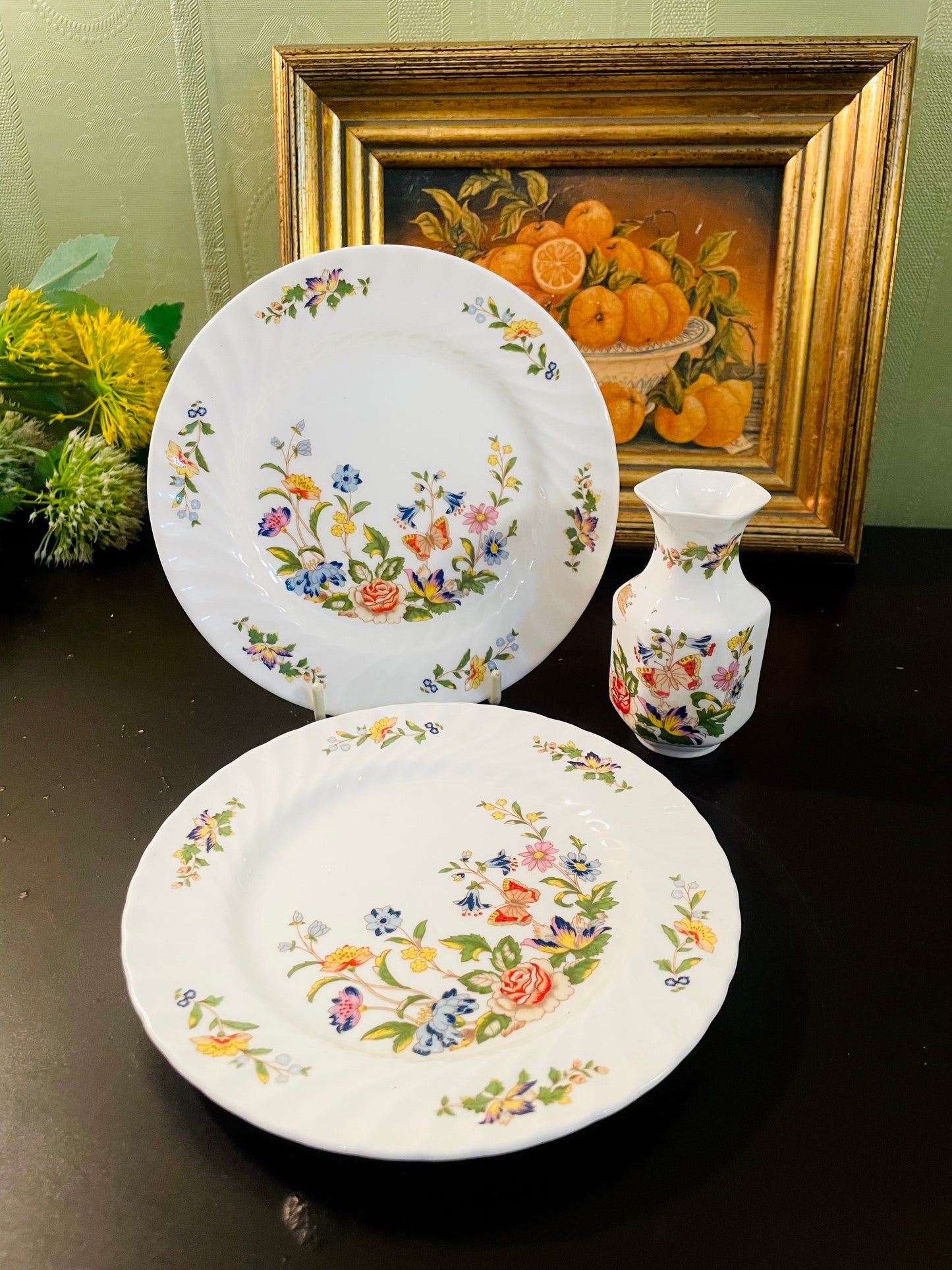 Vintage Aynsley Cottage Garden Plate & Vase Set – 3 Pieces