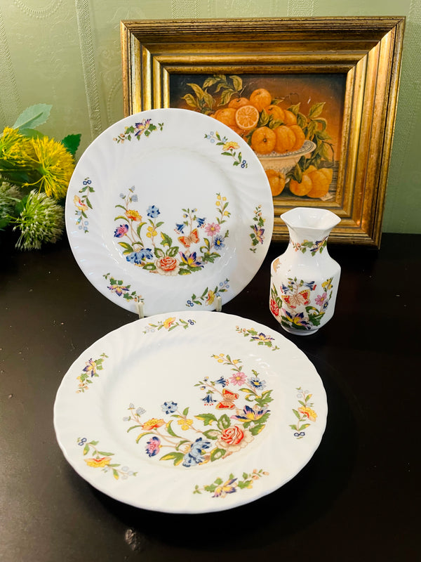 Vintage Aynsley Cottage Garden Plate & Vase Set – 3 Pieces