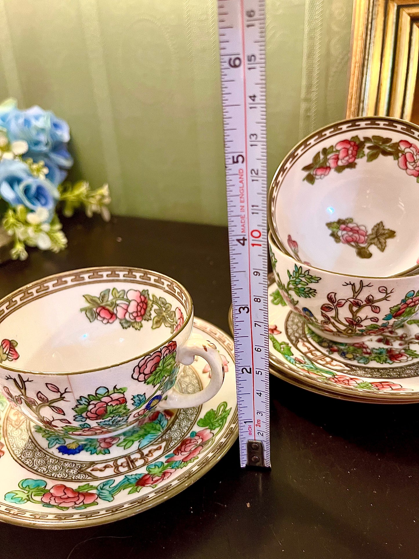 Vintage Chinoiserie Floral Teacup & Saucer Set of 3