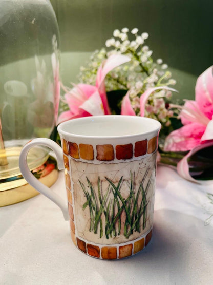 Vintage fine bone china mug featuring a botanical herb and grass illustration 9 cm