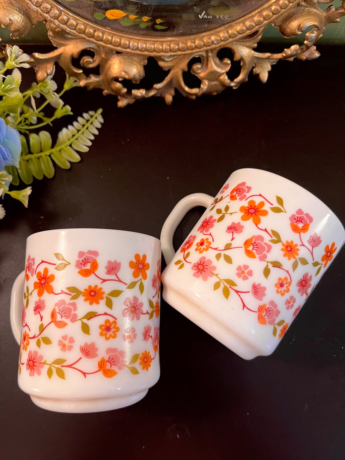 Orange & Pink Floral Ceramic Mug Set – Pair of 2