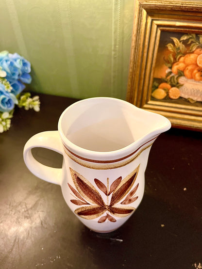 Vintage Brown Leaf Ceramic Pitcher – White Stoneware Water Jug