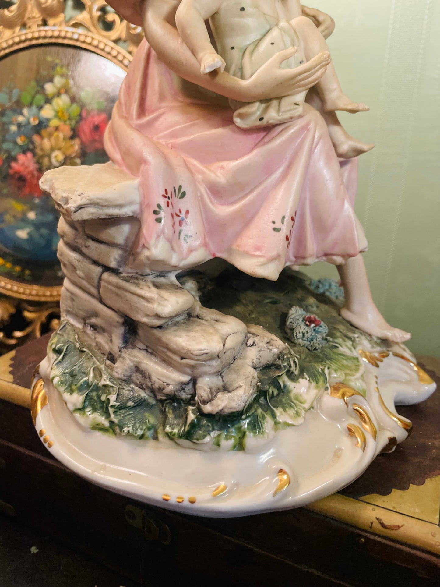 Vintage Mother and Child Porcelain Figurine in Pink Dress