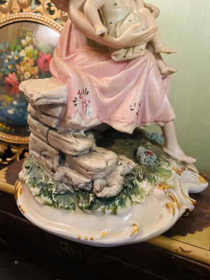 Vintage Mother and Child Porcelain Figurine in Pink Dress