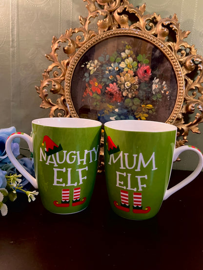 Christmas Elf Ceramic Mug Set – Naughty Elf & Mum Elf Green Mugs