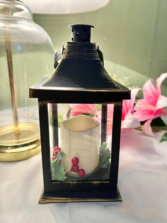 Vintage Style Black Lantern with LED Candle & Berry Decor 23cm