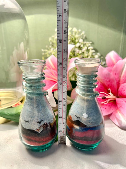 Vintage Crystal Sand Art Bottles Pair Blue Pink Black 5 Inch