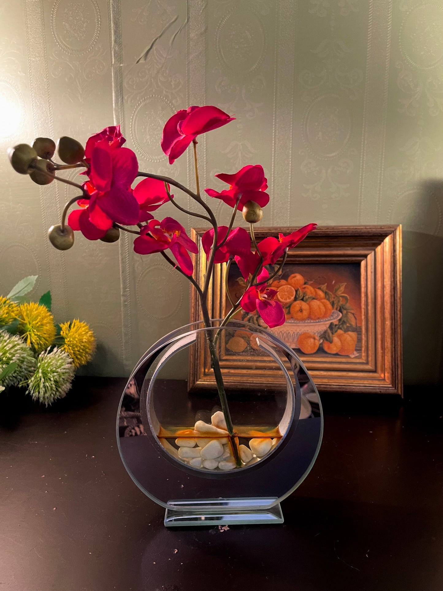 Artificial Red Orchid in Round Glass Vase 12 Inch