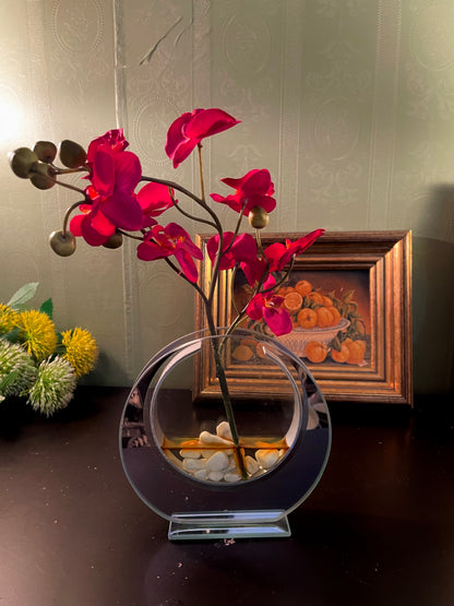 Artificial Red Orchid in Round Glass Vase 12 Inch