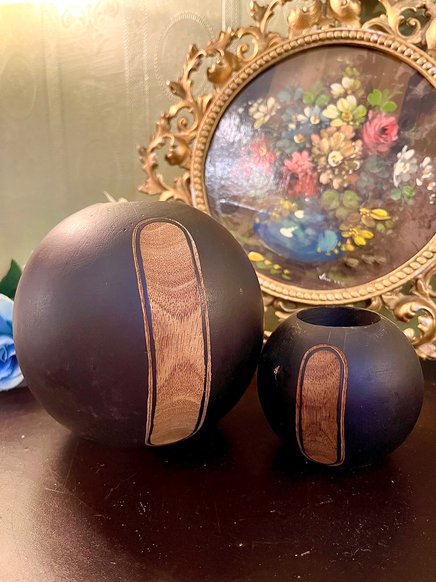 Set of 2 Black Round Decorative Vases with Wood Accent