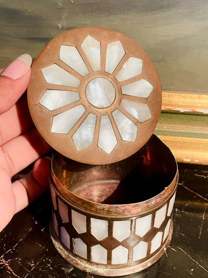 Vintage Brass & Mother of Pearl Inlay Trinket Box — Floral Mosaic Design