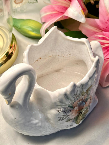 Vintage Maryleigh Pottery St. Michael White Swan Floral Ceramic Planter – Approx. 6 Inch